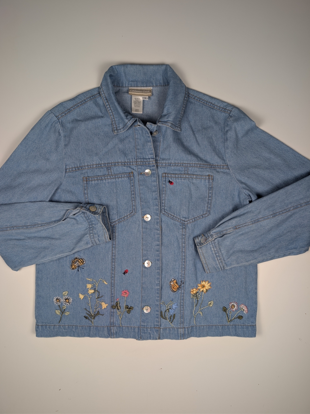 Coldwater Creek Womens S Denim Jacket Embroidered Floral Butterfly Ladybug EUC